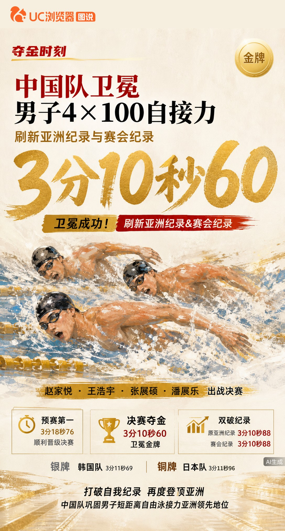 3分10秒60！中国队男子4x100自接力卫冕亚运金牌，同时刷新亚洲纪录和赛会纪录。赵家悦、王浩宇、