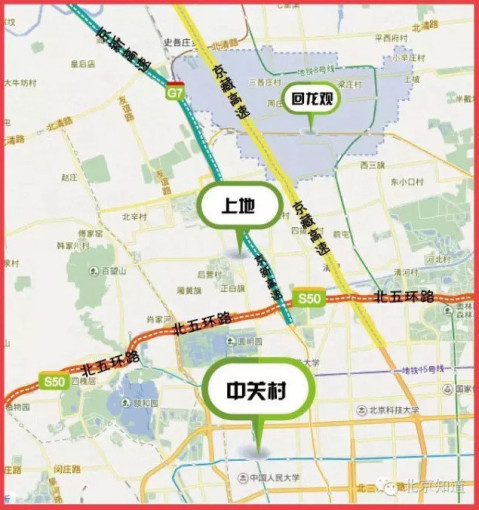 回龙观和上地,中关村地理位置示意图.图/千龙网