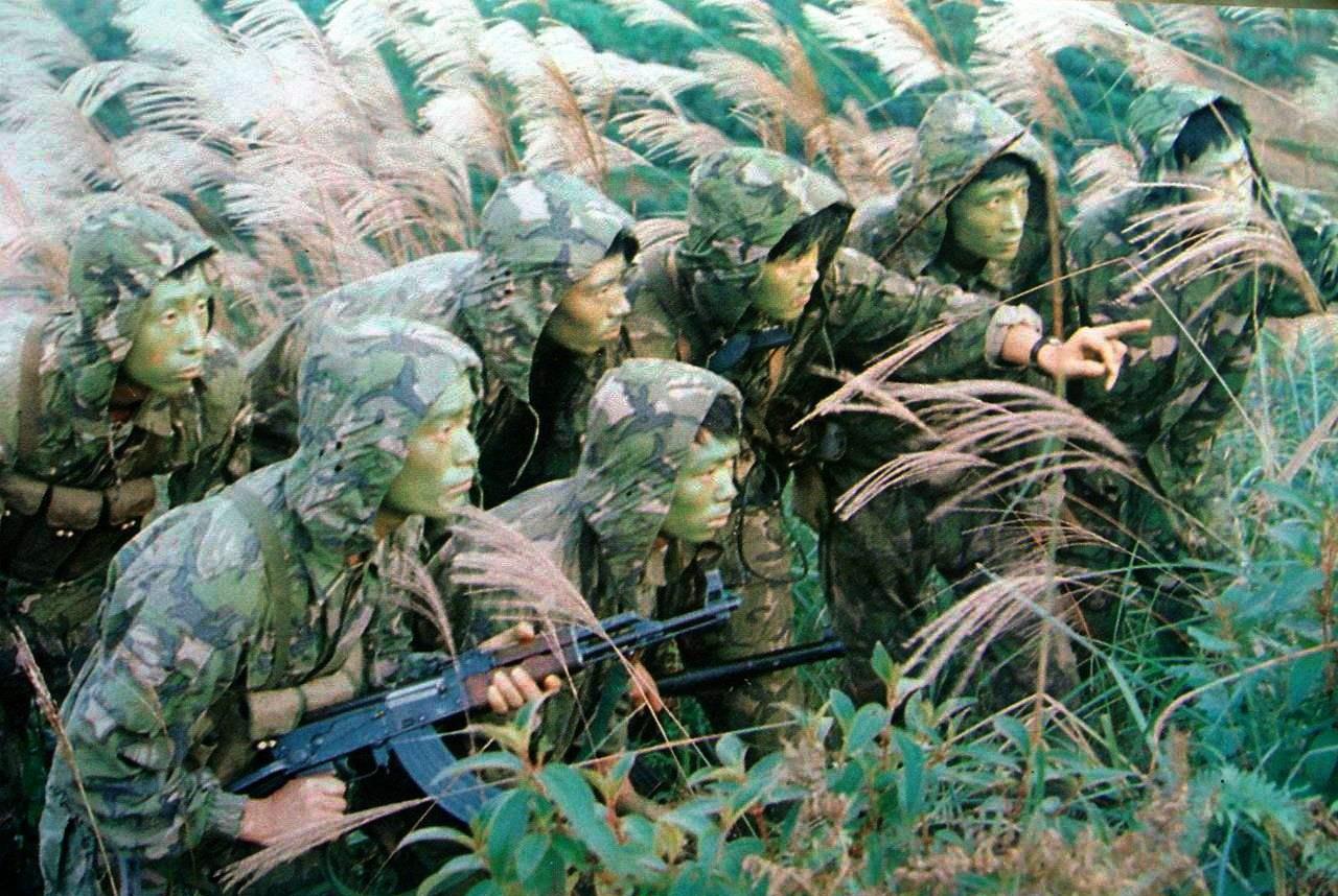 身穿81式大五叶双面迷彩服,脸上涂抹绿色伪装油膏的侦察兵一,两山轮战